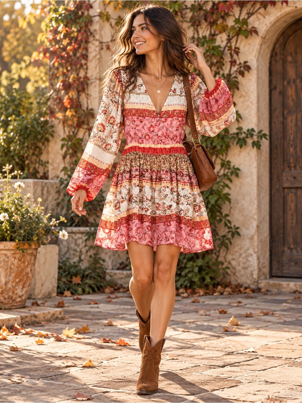 Q&A Los Angeles Patchwork Floral Boho Babydoll Mini Dress | Gold Cottagecore